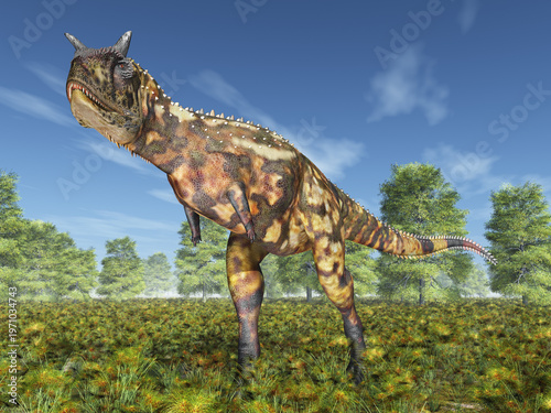 Fényképezés Dinosaurier Carnotaurus in einer Waldlandschaft