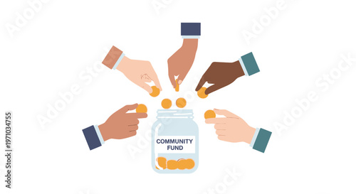 Hands putting coins into community fund.