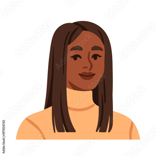 Young black woman, head avatar, long straight hair style, blunt cut. Female c...