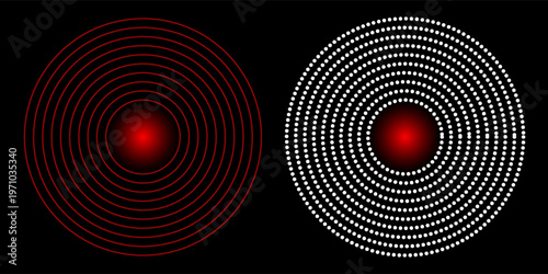 Pain Relief Target Icons: Concentric Red Circles for Healthcare, Radar, and Sound Wave Concepts. Pain red circle or localization mark, aching place sign, abstract symbol of pain