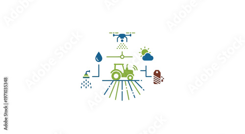 Tractor with farming and technology icons.