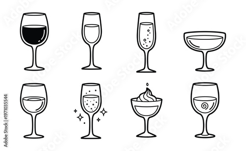 Hand-Drawn Black Outline Wine and Cocktail Glass Icon Set — Red Wine Champagne Martini Goblet Cocktail Vector