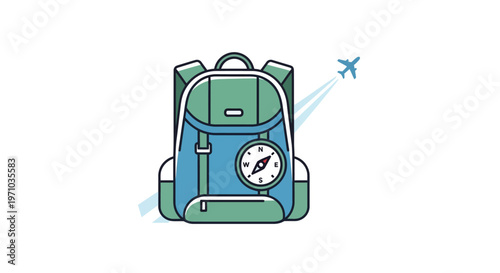 Travel backpack with clock and airplane.