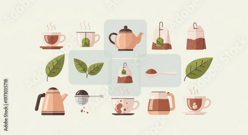 Whimsical tea icons, tea time illustrations, tea cups, teapots, infusers, vector set