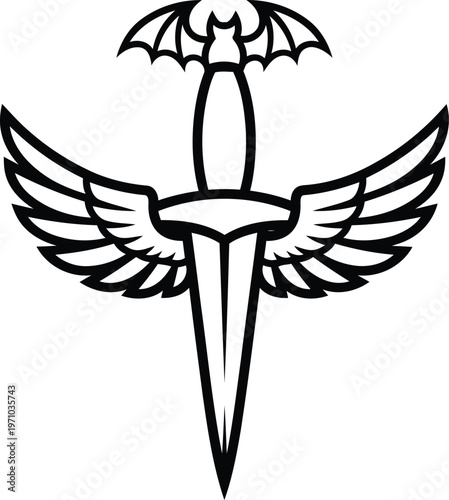 black and white illustration of a dagger with bat wings and feathered wings