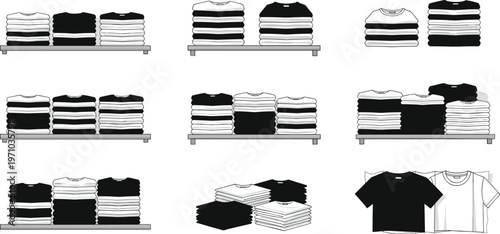 Folded T Shirt Stack Collection Showing Organized Clothing Piles on Shelves with Black and White Apparel Arrangement for Retail and Storage Illustration