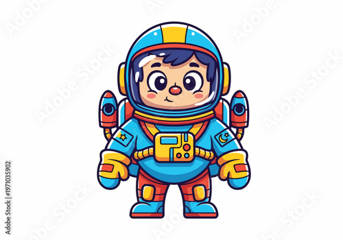 Adorable cartoon astronaut character in a spacesuit with a helmet and jetpacks illustration