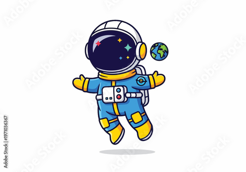 Adorable astronaut floating in space with the Earth vector illustration design element