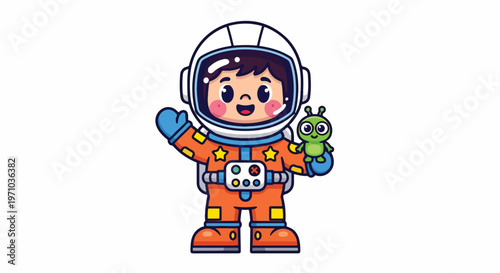 Adorable astronaut child character with a friendly green alien smiling cheerfully together