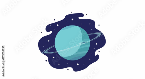 A vibrant illustration of the planet Uranus with rings and a starry cosmic background