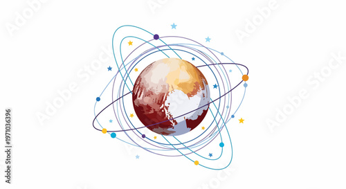 Abstract illustration of a planet surrounded by orbiting rings and stars on white background