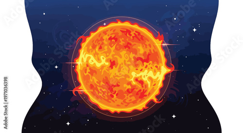 A vibrant illustration of a stylized sun radiating energy in a dark starry space background