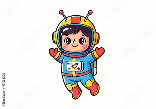 A cheerful cartoon astronaut floating in space wearing a blue and yellow spacesuit illustration
