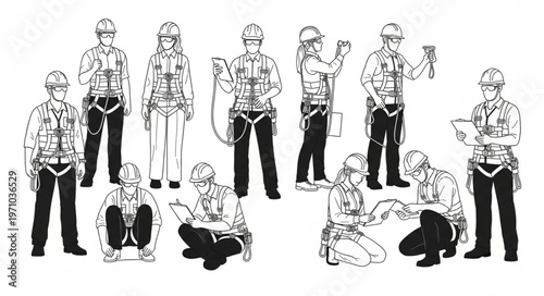 Collection of Workers in Safety Harnesses Demonstrating Various Poses.