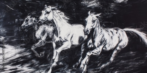 Abstract expressive charcoal and white acrylic painting of galloping horses