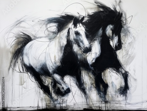 Abstract expressive charcoal and white acrylic painting of galloping horses