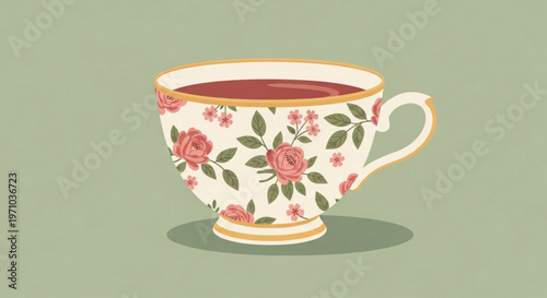 floral tea cup, vintage teacup, ceramic illustration, green background
