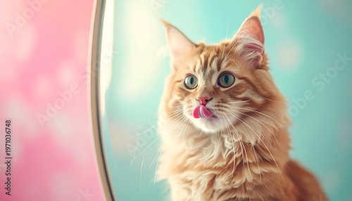 Ginger Maine Coon Cat Licking Its Nose in Studio.