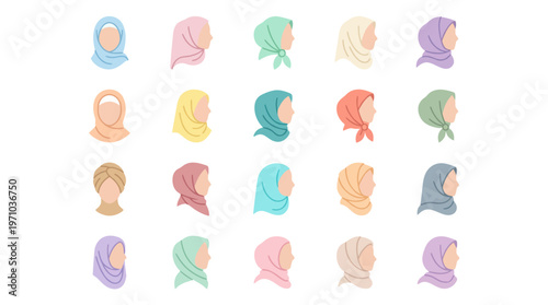 Flat Vector Diverse Women's Headscarves and Hijabs. Fashion  Culture Collection.