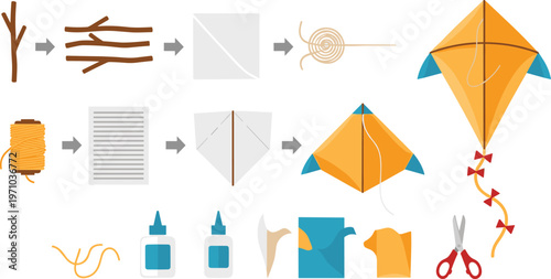 Kite Making Process Infographic Showing Step by Step Crafting with Paper, Sticks, String and Tools for DIY Handmade Kite Illustration Design
