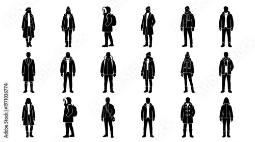 Winter Fashion People Outfits Silhouette Glyphs - Coats, Jackets, Hats Vector Icon Set