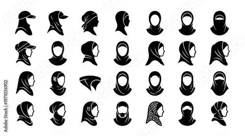 Muslim Women Head Coverings Silhouette Icon Set: Hijab, Scarf  Cap Vector for Fashion  Culture