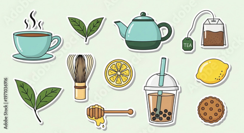 Boba tea, bubble tea, drink icons, food stickers, tea set, vector illustrations