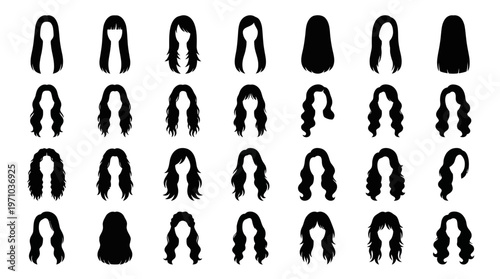 Beauty and Fashion: Diverse Women's Hairstyles Silhouette Vector Icons Set