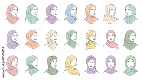 Diverse Hijab Fashion: Muslim Women Headscarf Styles Vector Line Art Set