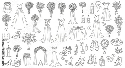 Collection of Wedding Elements Hand Drawn Sketch Style.