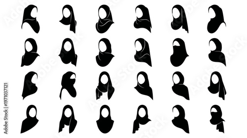 Diverse Muslim Fashion Hijab Headscarf Silhouettes - Islamic Women's Head Covering Glyph Icons