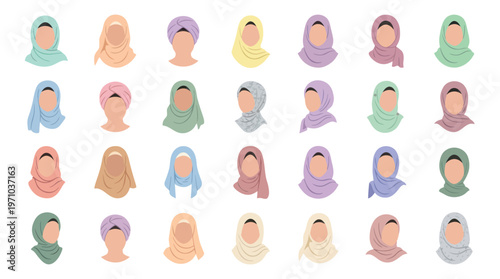 Flat Design Vector Collection of Women's Hijab  Turban Headscarf Styles