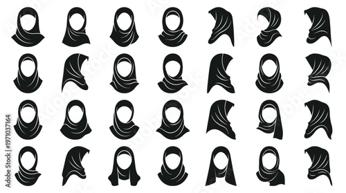 Islamic Hijab Headscarf Glyph Icons Set. Muslim Women Fashion, Culture, and Diversity.