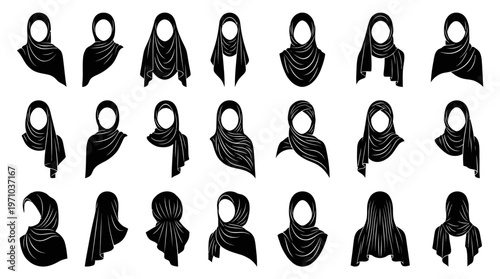 Various Muslim Hijab Styles Vector Silhouette Set. Islamic Headscarf Fashion Icons.