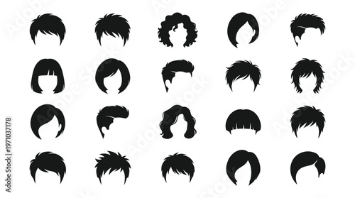 Fashion and Beauty: Diverse Haircuts  Hairstyles Black Silhouette Icons Set