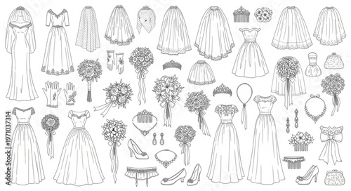 Collection of Wedding Elements Hand Drawn Sketch Style.