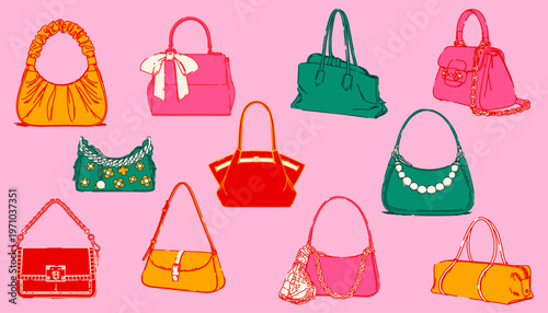 Trendy Handbags Collection Illustration Stylish Bags Set