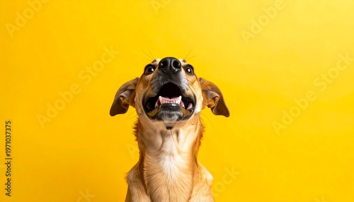 A medium-sized dog with short brown and tan fur is looking upward with its mouth open, against a bright yellow background