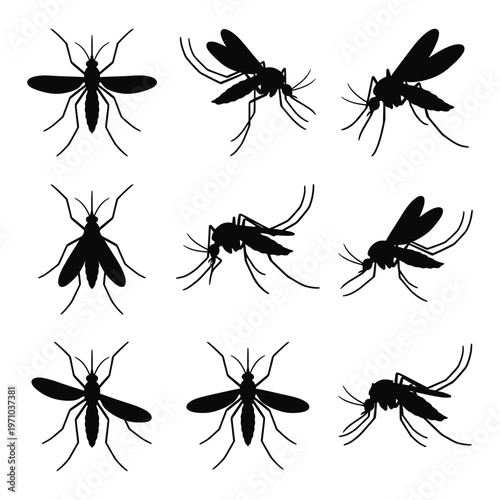 Mosquito Silhouette Vector Collection - Set of 9 Realistic Insect Icons in Various Flying and Landing Poses