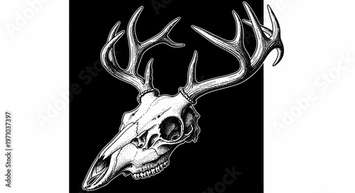 Detailed black and white illustration of a majestic deer skull with large antlers against a dark background