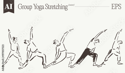 Group Yoga Stretching Poses Line Art Energetic Wellness Illustration