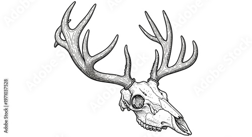 Hand-drawn illustration of a deer skull with large antlers, symbolizing nature, wildlife, and the passage of time