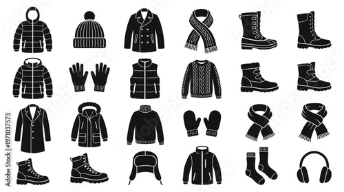 Winter Clothing Accessories Icons - Black  White Glyph Set