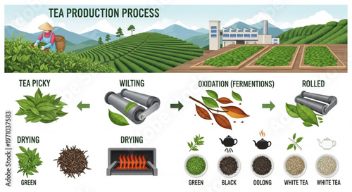 Tea production process, infographic, tea manufacturing steps, agricultural workflow