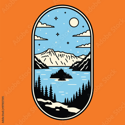 Serene night view of a mountain lake with pine trees and starry sky, vector illustration badge.