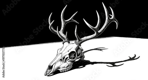 Detailed black and white illustration of a deer skull with prominent antlers casting a long shadow on a white surface against a stark black background