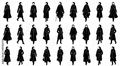 Modest Fashion Women in Winter Coats  Hijabs Silhouette Vector Collection