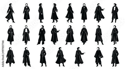 Modest Fashion Women in Abaya  Hijab Black Silhouette Glyphs Vector Set