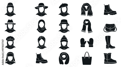 Fashion Headwear and Accessories Glyph Icons Set for Apparel and Winter Wear