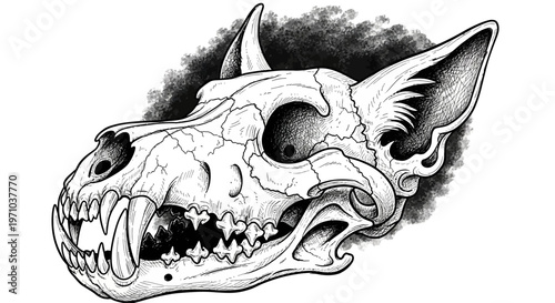 A detailed black and white illustration of a dog skull, showcasing intricate bone structure and sharp teeth, set against a smoky background